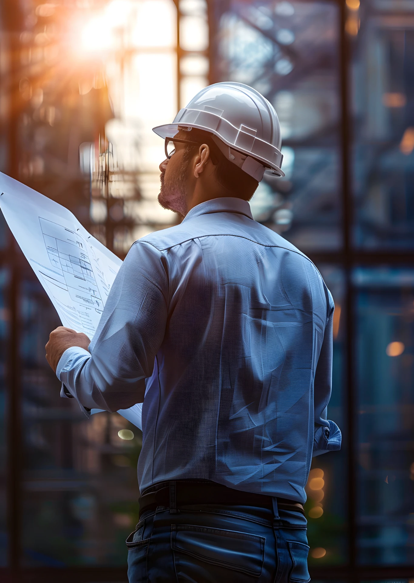 Engenheiro de capacete analisando a prancha técnica do projeto em obra