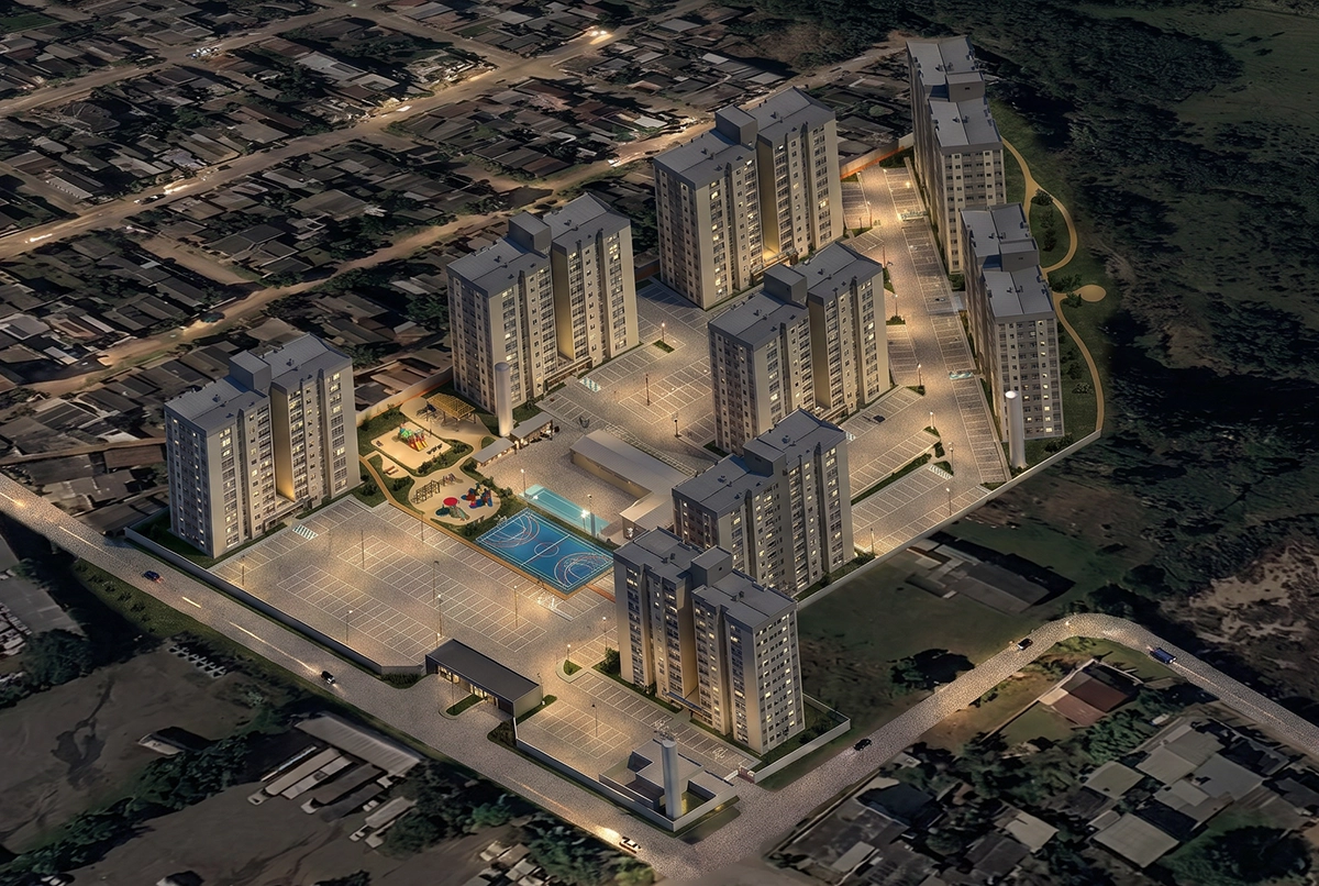 Vista aérea noturna da implantação do Condomínio AltaVista Santa Maria, com oito torres, estacionamento, piscina e quadra